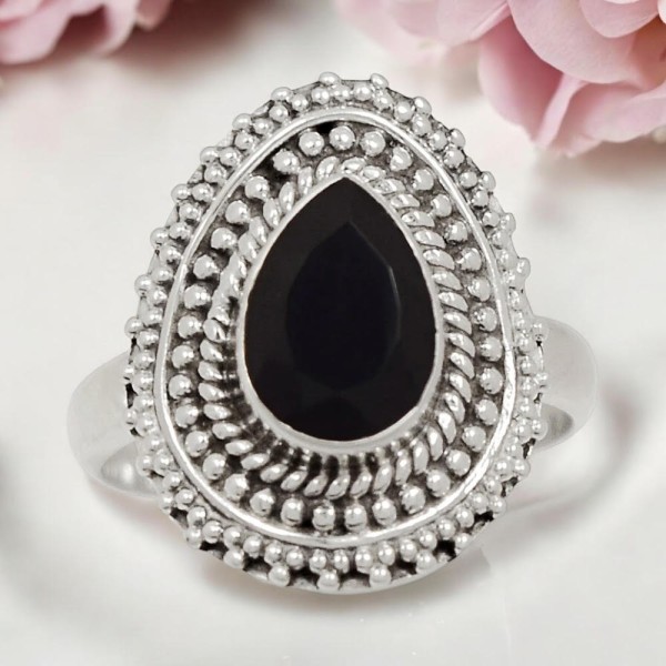 Bague Onyx Noire - Poire Facettée